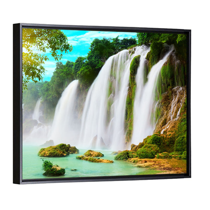 Sunlit Ban Gioc Waterfall Wall Art as a framed canvas
