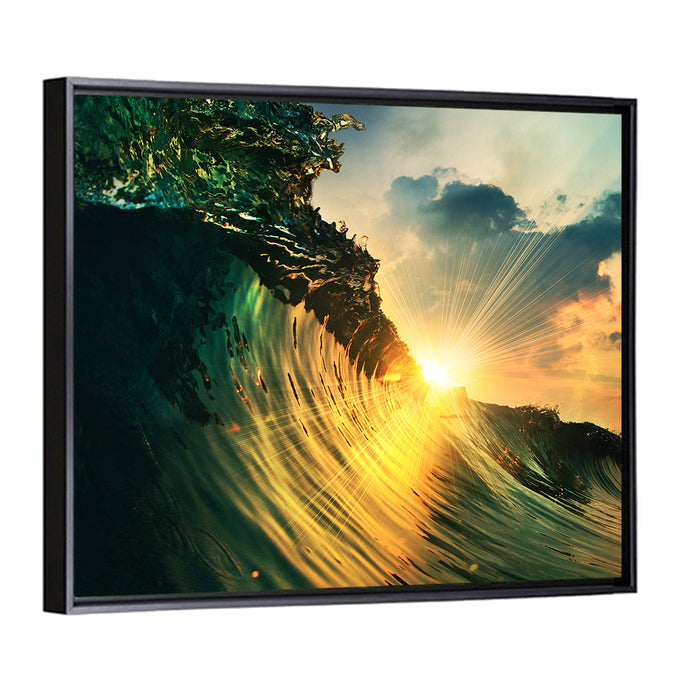 Sunset Through a Curling Wave Wall Art as a framed canvas