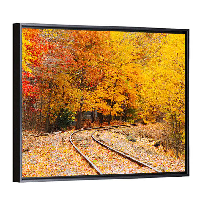 Curving Railroad Through Autumn Forest Wall Art as a framed canvas