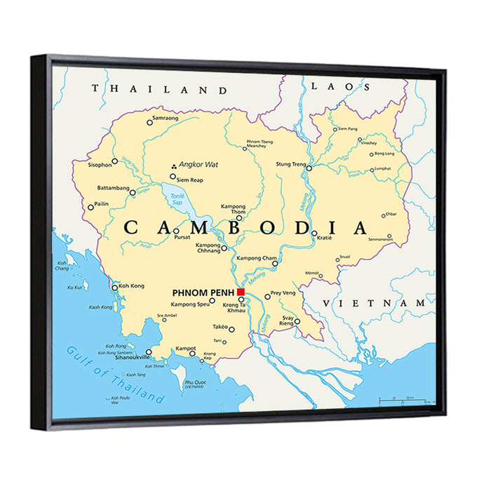 Minimalist Cambodia Political Map Wall Art as a framed canvas