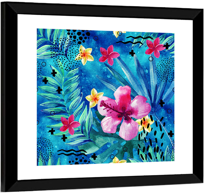 Summer Hibiscus and Frangipani Abstract Wall Art as a framed print