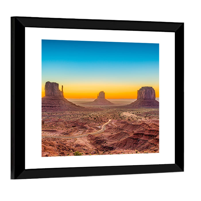 Monument Valley Sunrise with Winding Road Wall Art as a framed print