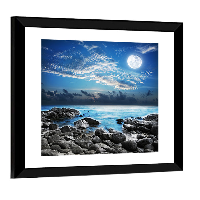 Moonlit Tropical Bay with Rocky Coast Wall Art as a framed print