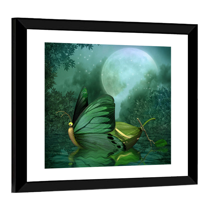 Moonlit Butterfly on Leaf Boat Wall Art as a framed print