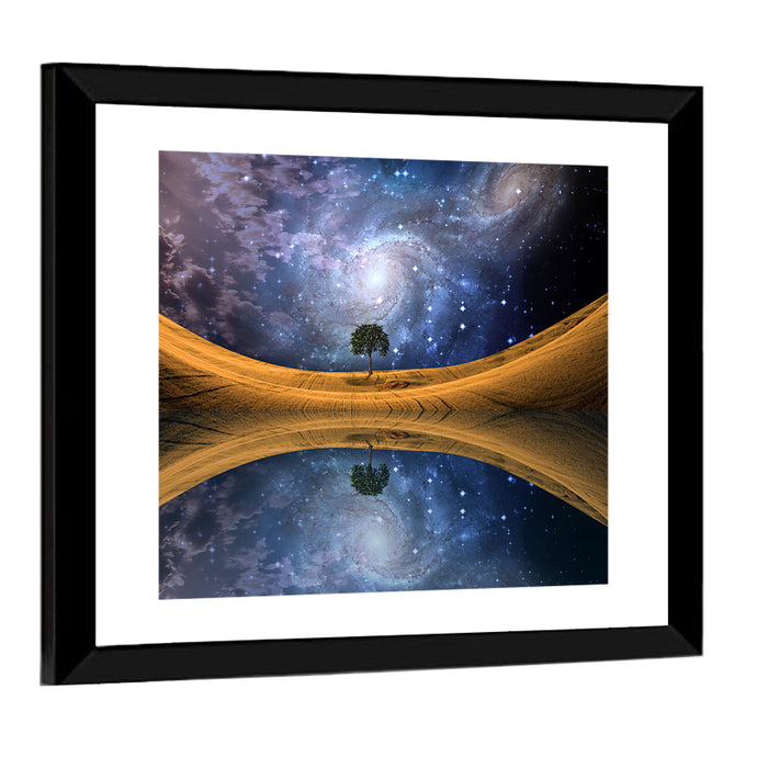 Solitary Tree Beneath Spiral Galaxy Wall Art as a framed print