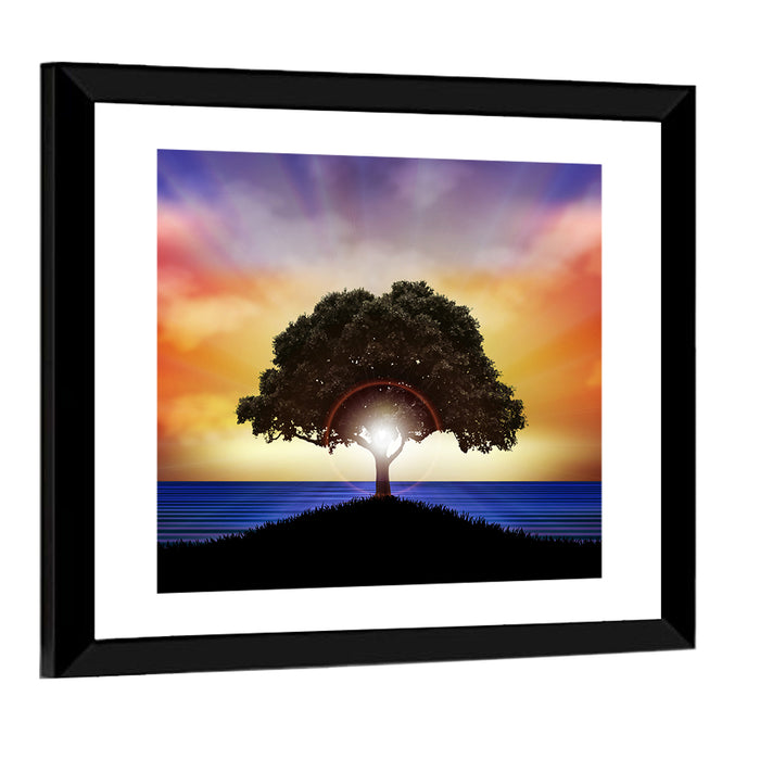 Coastal Sunset Tree Silhouette Wall Art as a framed print