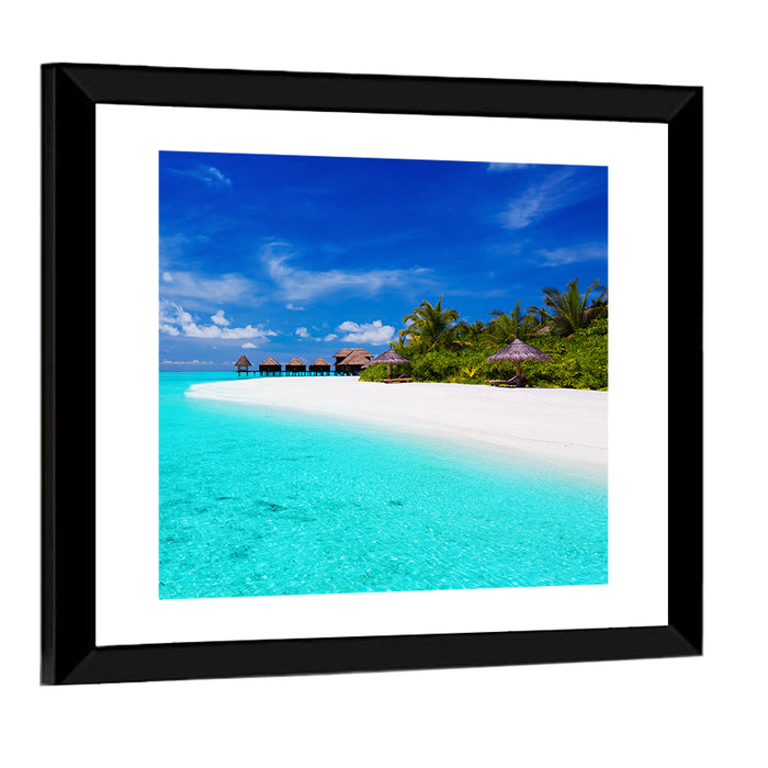 Turquoise Island with Water Bungalows Wall Art as a framed print