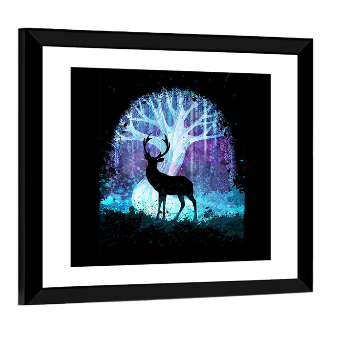 Deer Silhouette with Glowing Tree Wall Art as a framed print