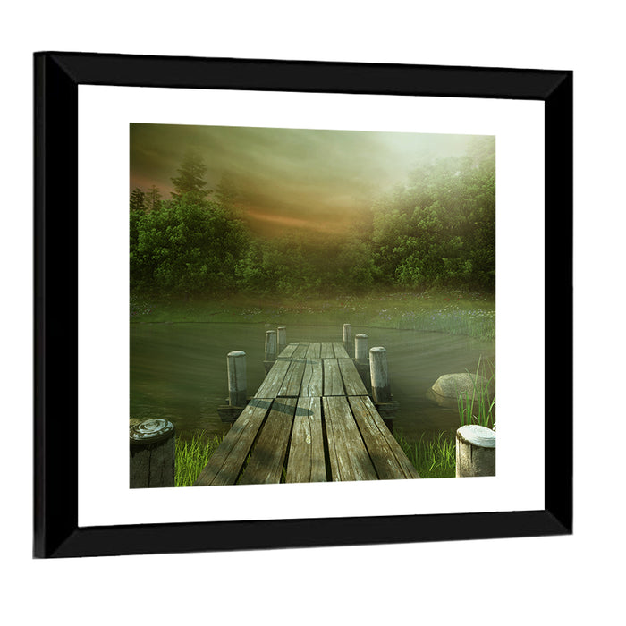 Wooden Jetty on Misty Lake Wall Art as a framed print