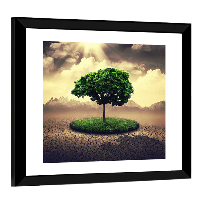 Circular Grass Oasis with Lone Tree Wall Art as a framed print