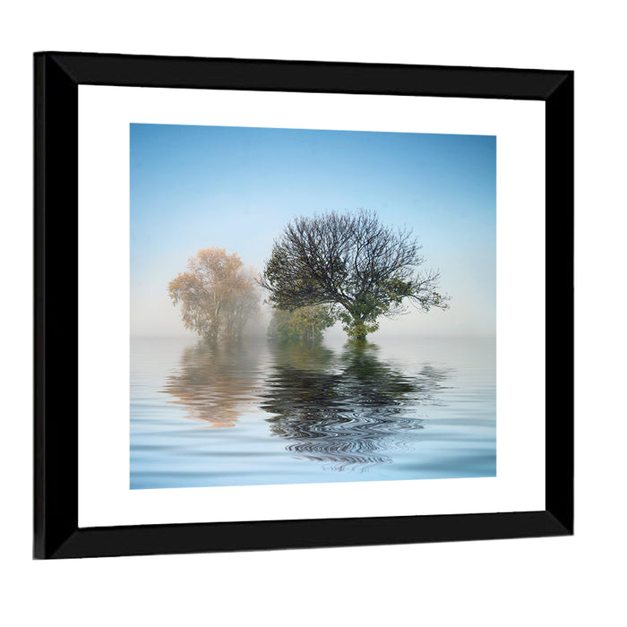 Misty Lake Reflection Wall Art as a framed print