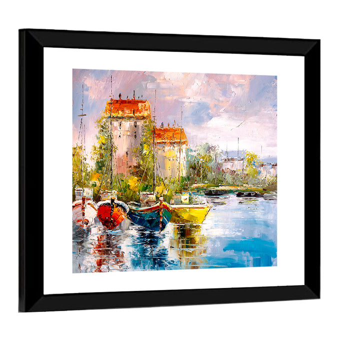 Impressionist Harbor with Colorful Boats Wall Art as a framed print