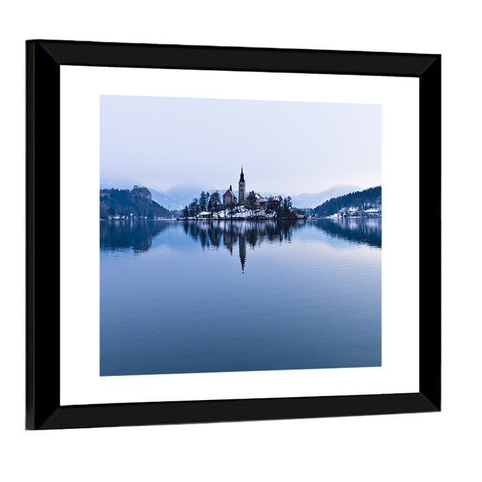 Bled Island Church in Winter Wall Art as a framed print