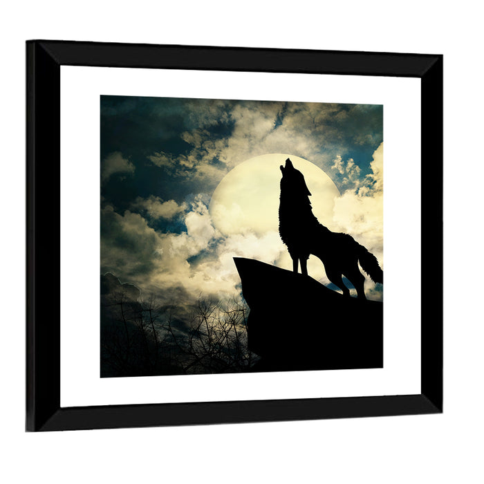 Howling Wolf Silhouette Against Full Moon Wall Art as a framed print