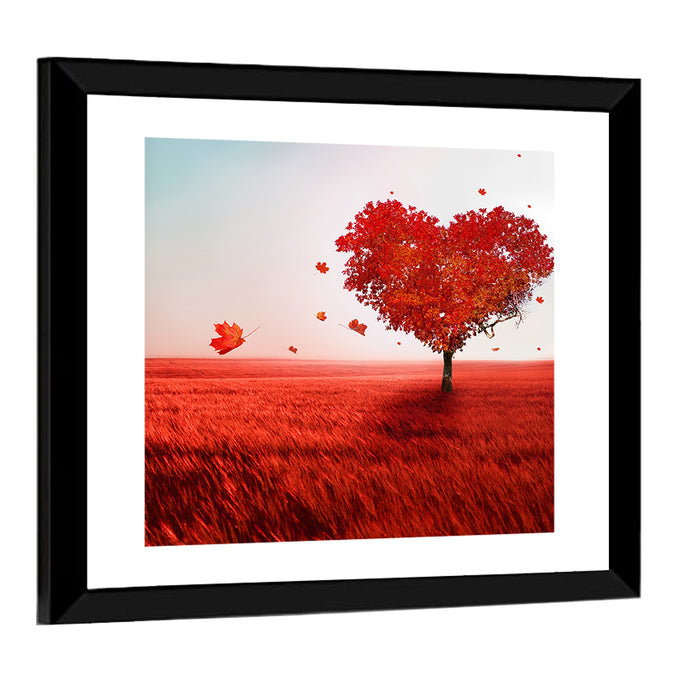 Heart-shaped Tree in Red Field Wall Art as a framed print