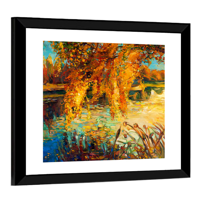Autumn Lake with Weeping Willow Wall Art as a framed print