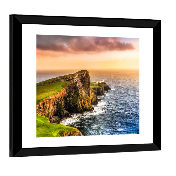 Sunset at Neist Point Lighthouse Wall Art as a framed print