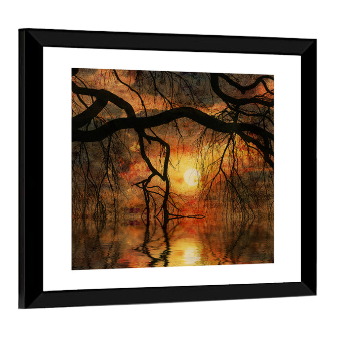 Lake Tree Silhouette at Golden Sunset Wall Art as a framed print