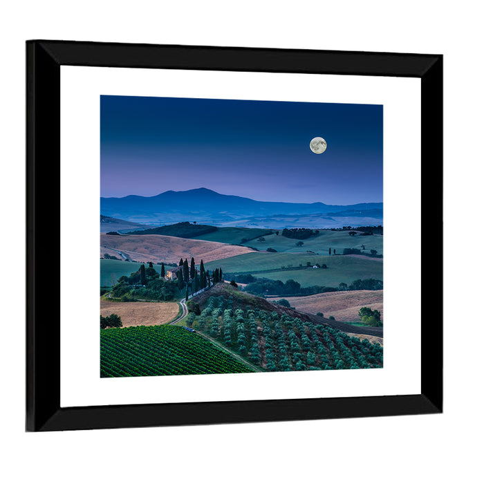 Moonlit Tuscan Hills Wall Art as a framed print