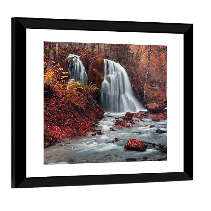 Dual Tier Autumn Forest Waterfall, Crimea Wall Art as a framed print