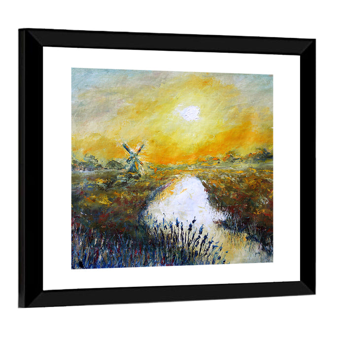 Windmill at Sunrise Over River Wall Art as a framed print