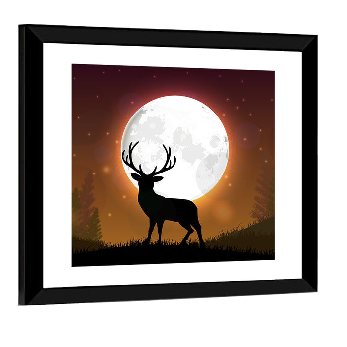 Moonlit Deer on Hill Wall Art as a framed print