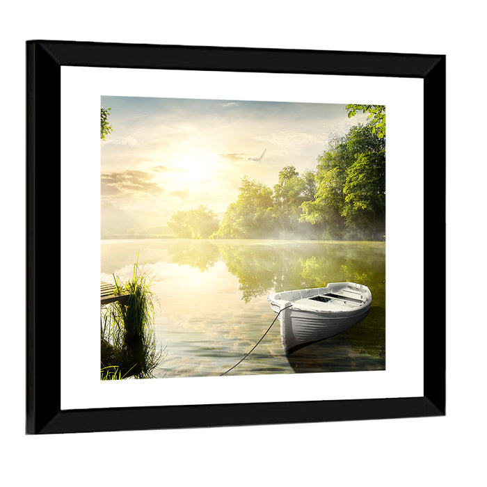 Rowboat at Misty Dock Wall Art as a framed print