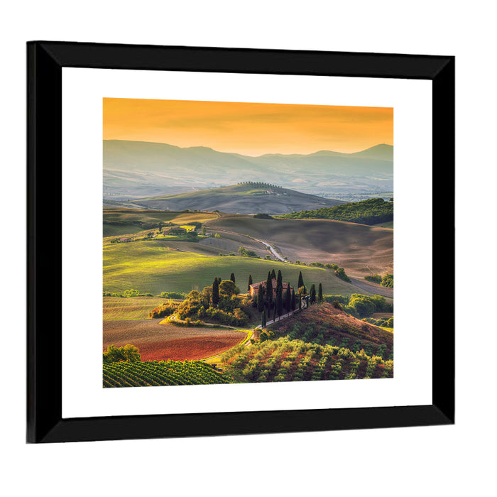 Val D'orcia Sunset Hills Wall Art as a framed print
