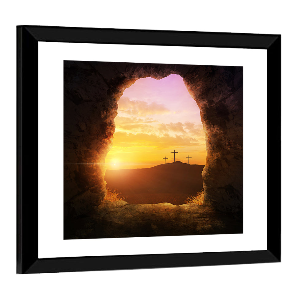 Empty Tomb With Three Crosses Wall Art