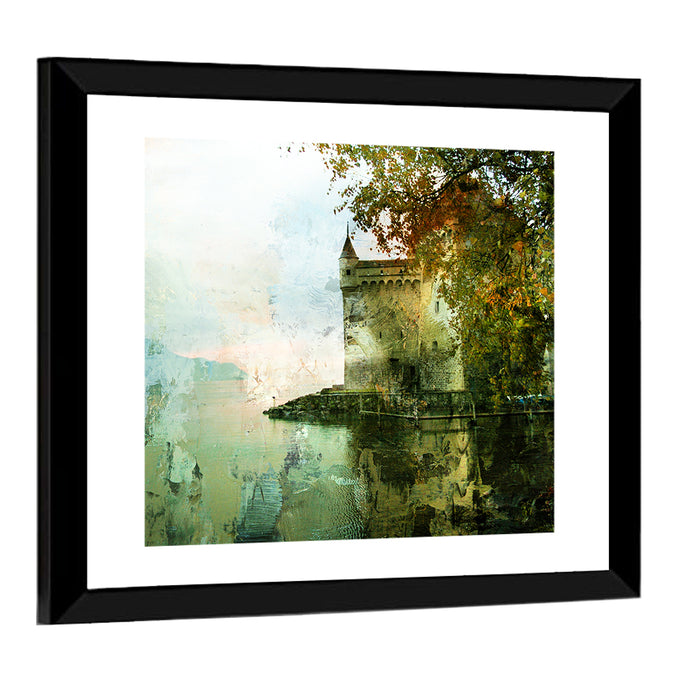 Chillon Castle Reflection Wall Art as a framed print