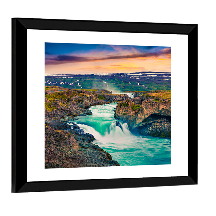 Godafoss Sunset Cascade Wall Art as a framed print