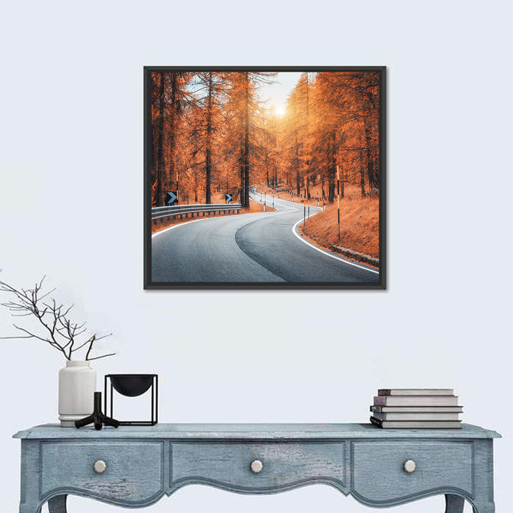 Road In Autumn Forest At Sunset Wall Art