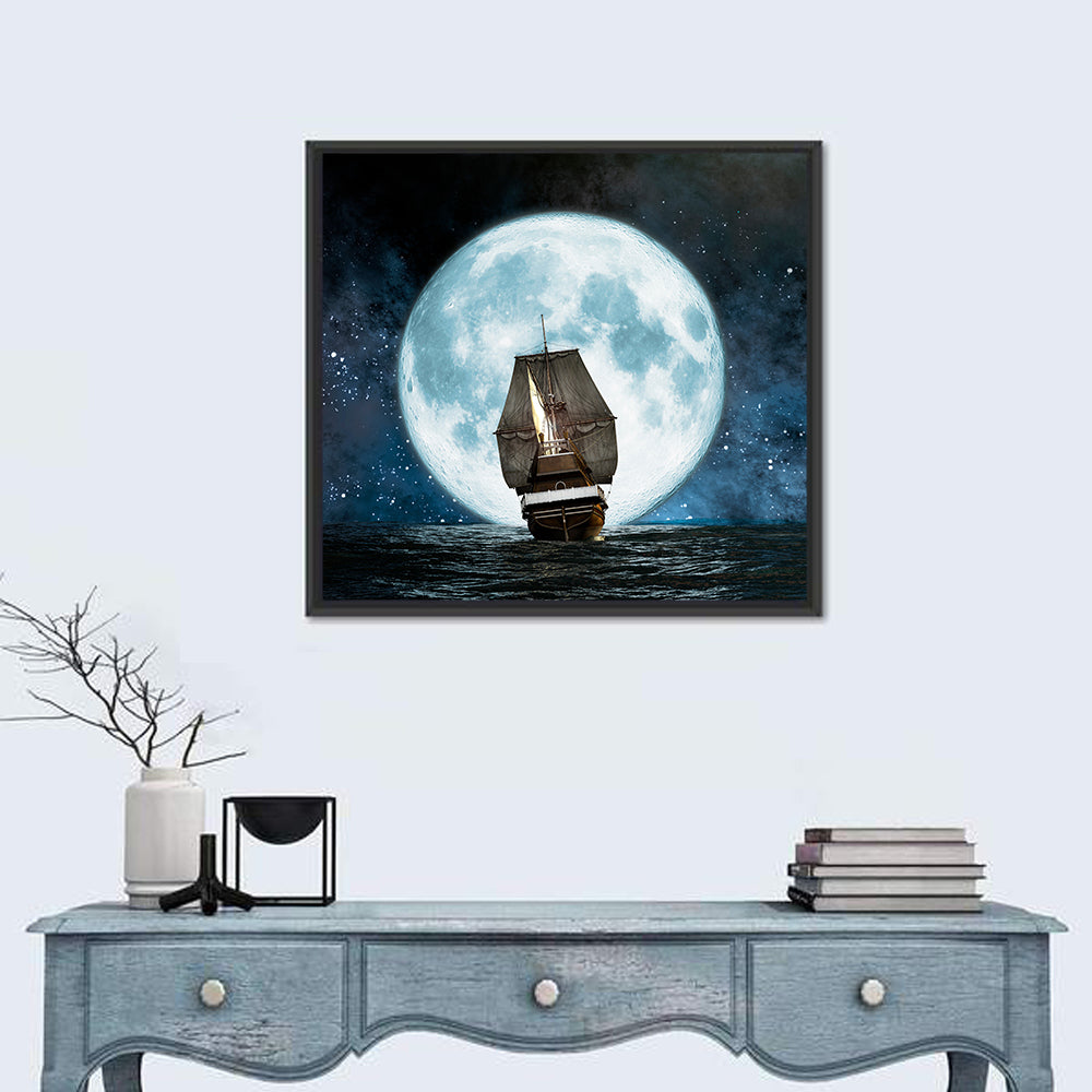 Sea Boat Under Moon Wall Art