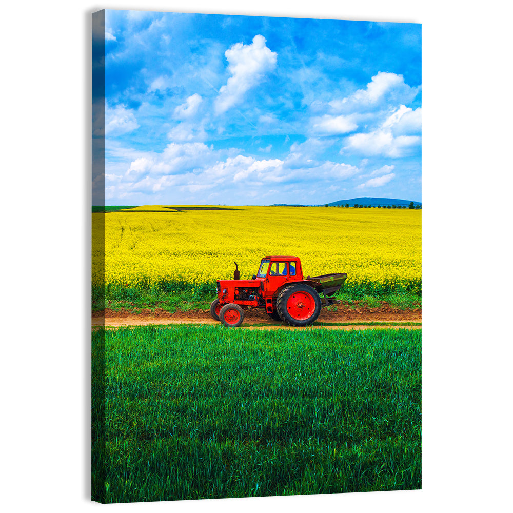 Red Tractor Over Yellow Rapeseed Field Wall Art, canvas print, portrait