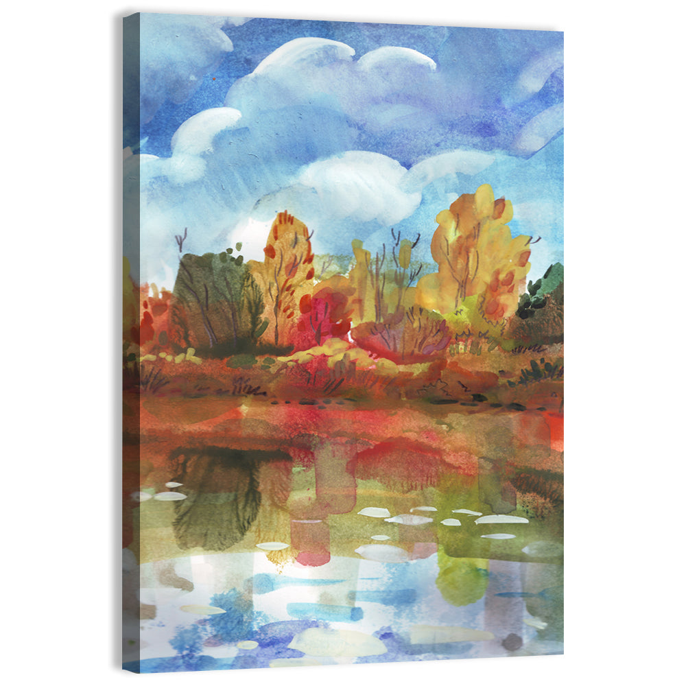 Autumn Lake Reflection Watercolor Wall Art, canvas print, portrait