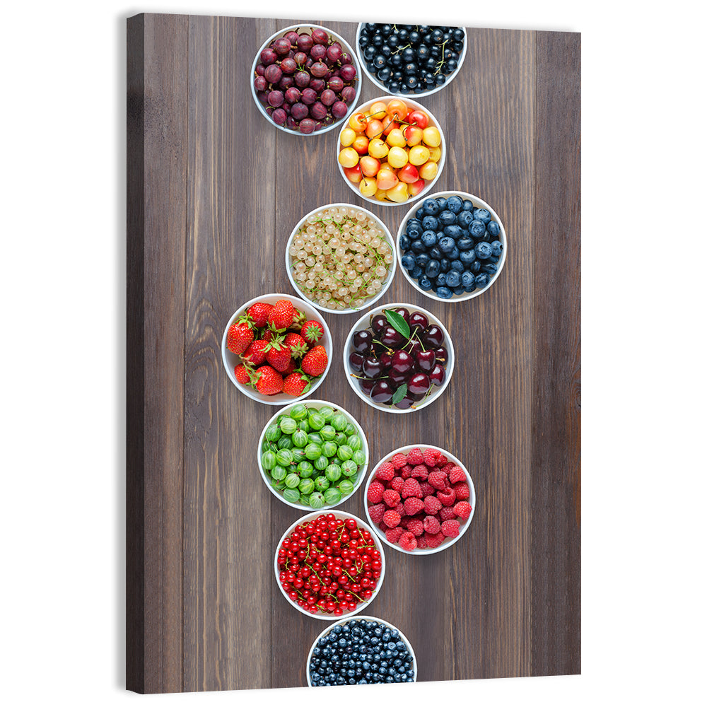 Ten Round Bowls of Berries Wall Art, canvas print, portrait