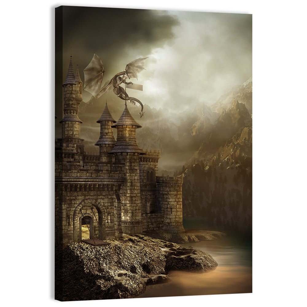 Dragon Perched on Castle Wall Art, canvas print, portrait