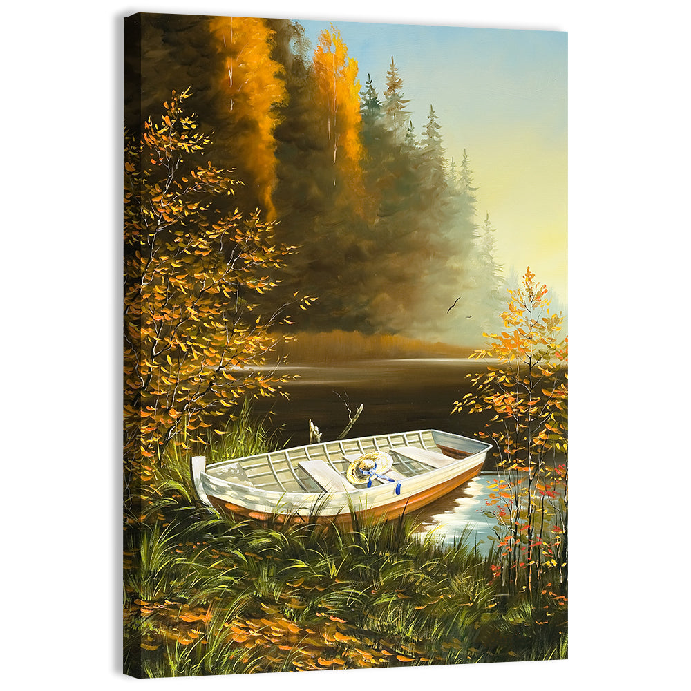 Boat with Straw Hat on Lake Bank Wall Art, canvas print, portrait