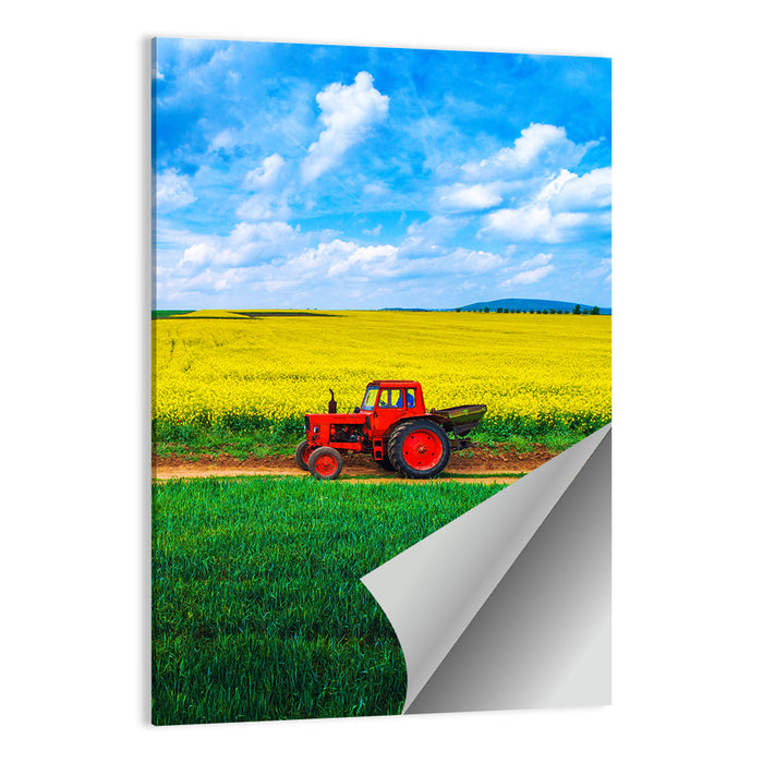 Red Tractor Over Yellow Rapeseed Field Wall Art as a poster print
