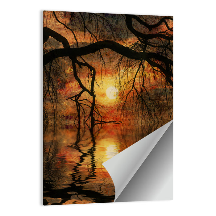 Lake Tree Silhouette at Golden Sunset Wall Art as a poster print