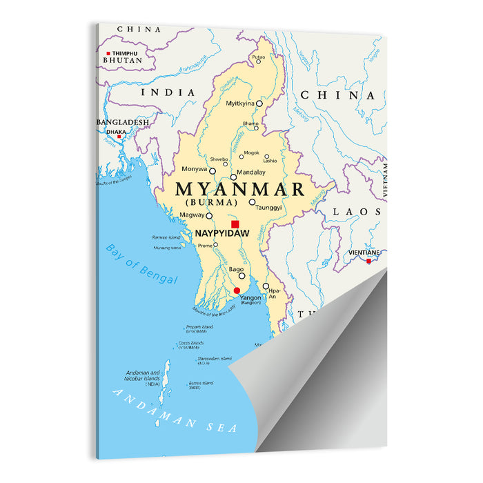 Myanmar Political Map, Blue and Yellow Wall Art as a poster print