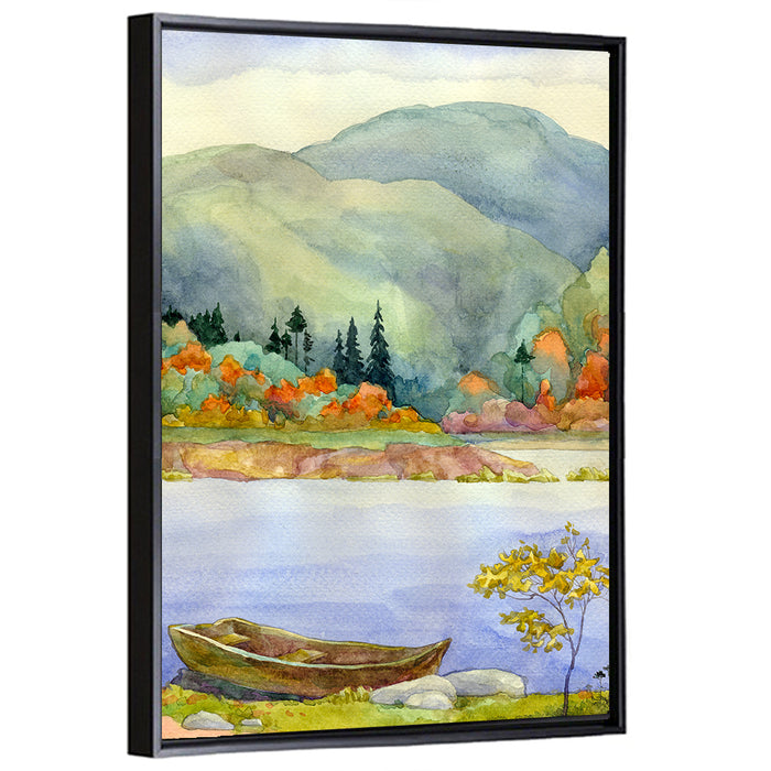 Old Rowboat on Autumn Lake Wall Art as a framed canvas