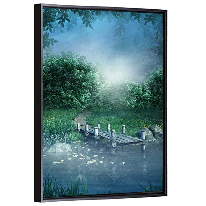 Misty Forest Lake with Wooden Bridge Wall Art as a framed canvas