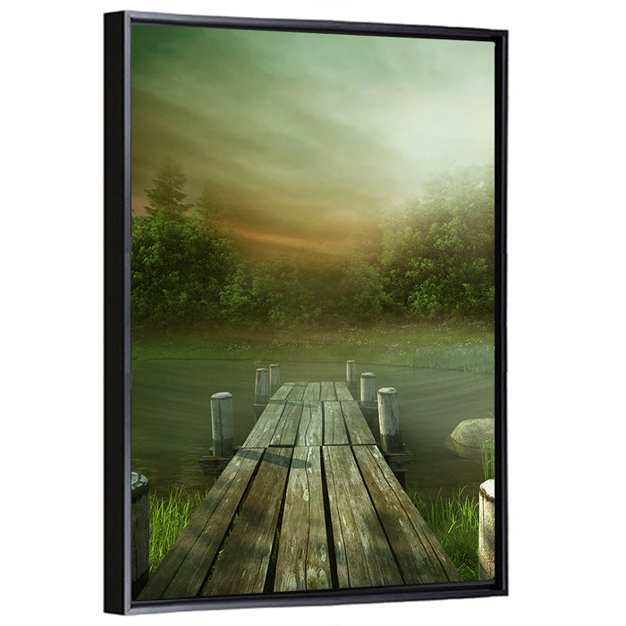 Wooden Jetty on Misty Lake Wall Art as a framed canvas