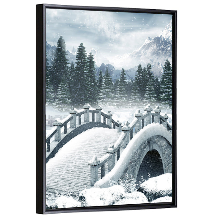 Frozen Lake with Stone Bridge Wall Art as a framed canvas