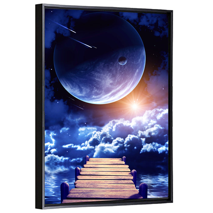 Wooden Pier Under Planetary Nebula Wall Art as a framed canvas