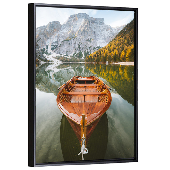 Rowboat at Lago Di Braies Wall Art as a framed canvas