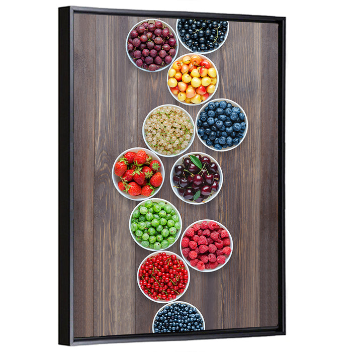 Ten Round Bowls of Berries Wall Art as a framed canvas