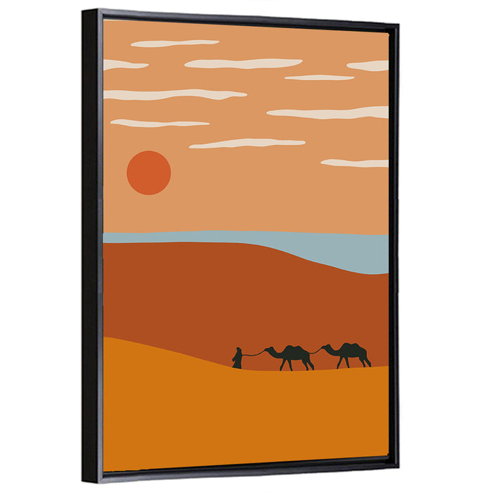 Minimalist Camel Caravan Sunset Wall Art as a framed canvas