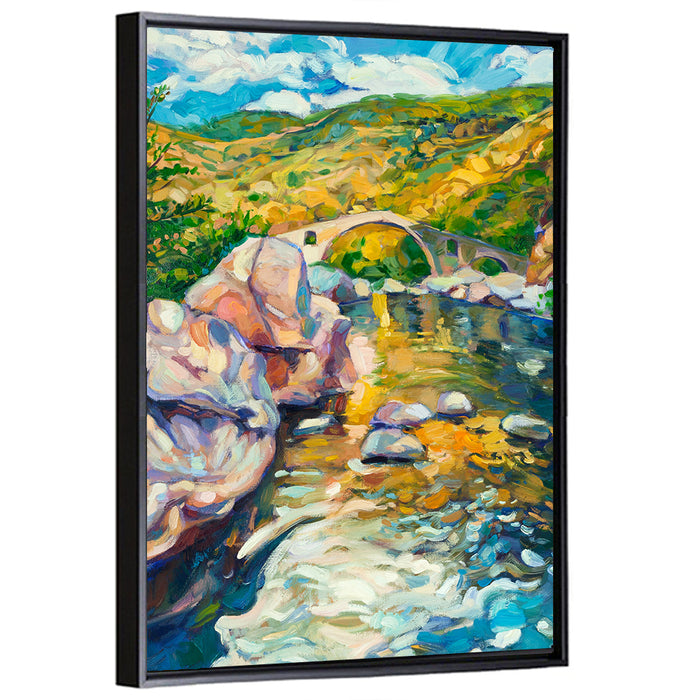 Arched Stone Bridge in Mountain River Wall Art as a framed canvas